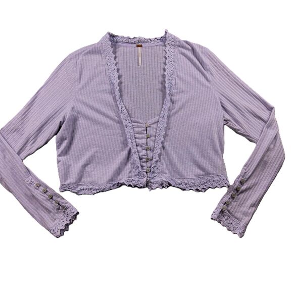 Free People Third Date Crop Top Long Sleeve Crochet Lace Boho Festival Med B147 - Picture 1 of 8